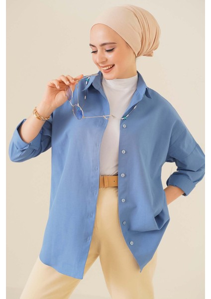 103901 Oversize Basic Tesettür Gömlek - Indigo