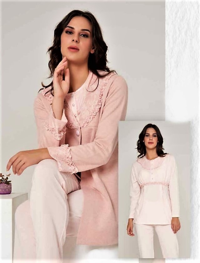 Marilyn Sabahlıklı 3'lü Lohusa Pijama Takımı Somon