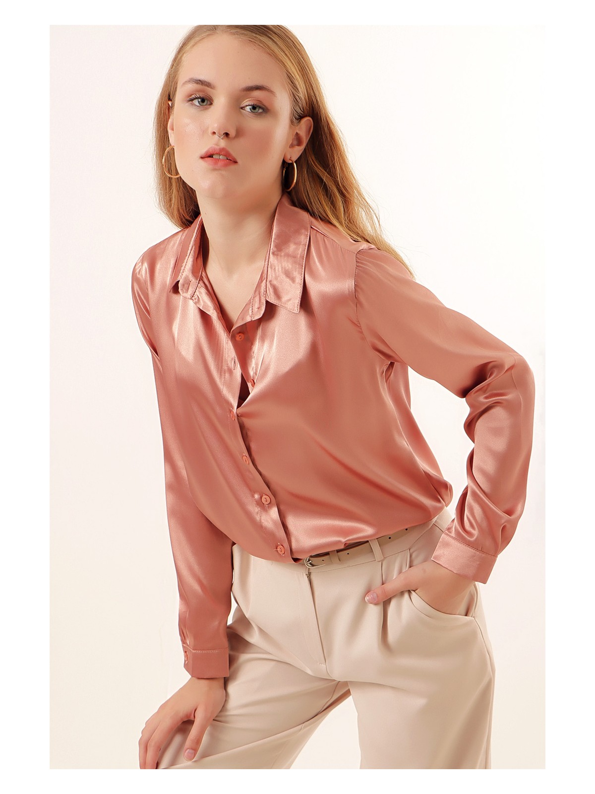 Bigdart 3964 Hafif Dökümlü Saten Gömlek - Camel