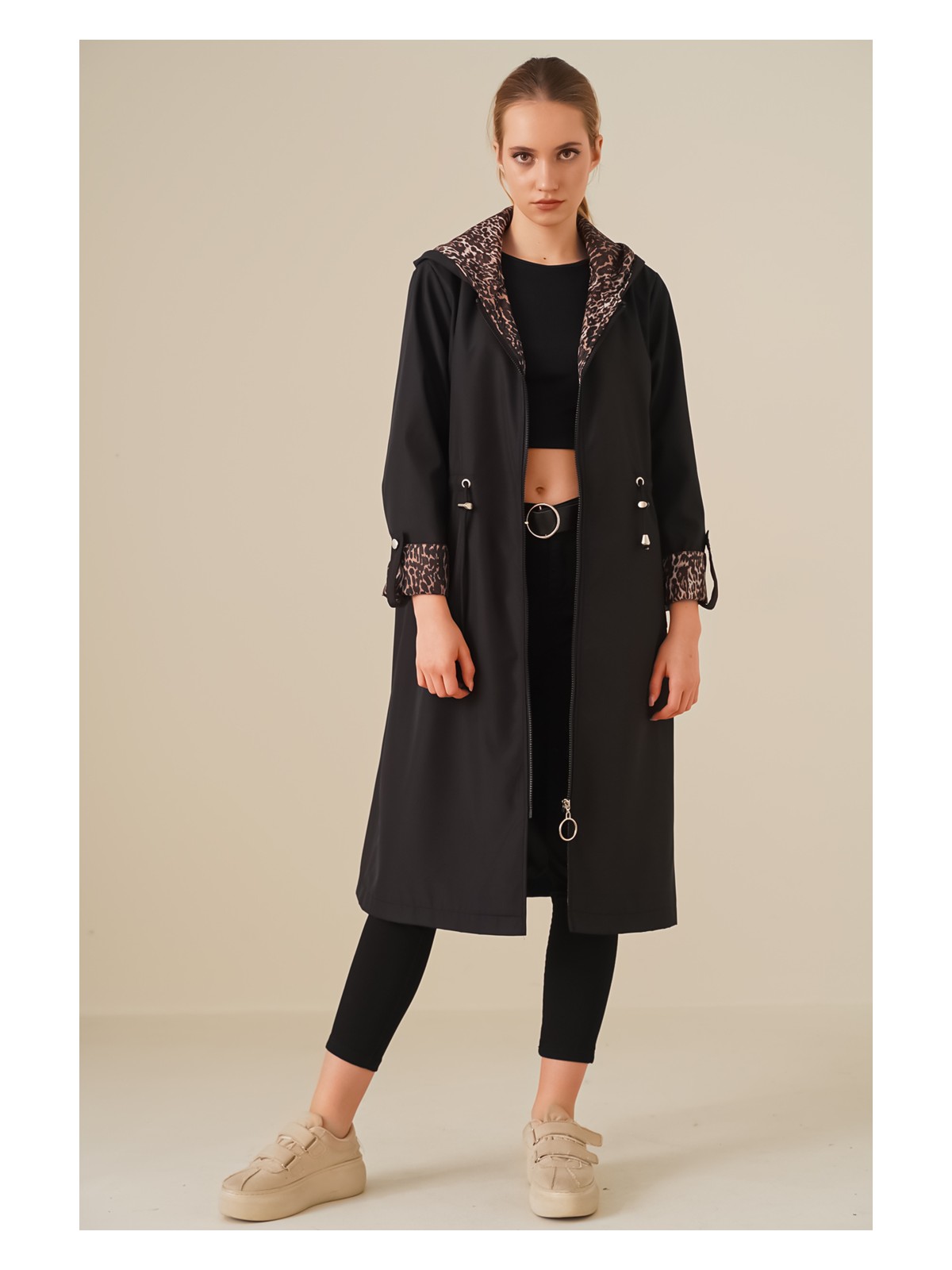 Bigdart 9091 Beli Büzgülü Kapşonlu Trençkot - Bej - Görsel 4