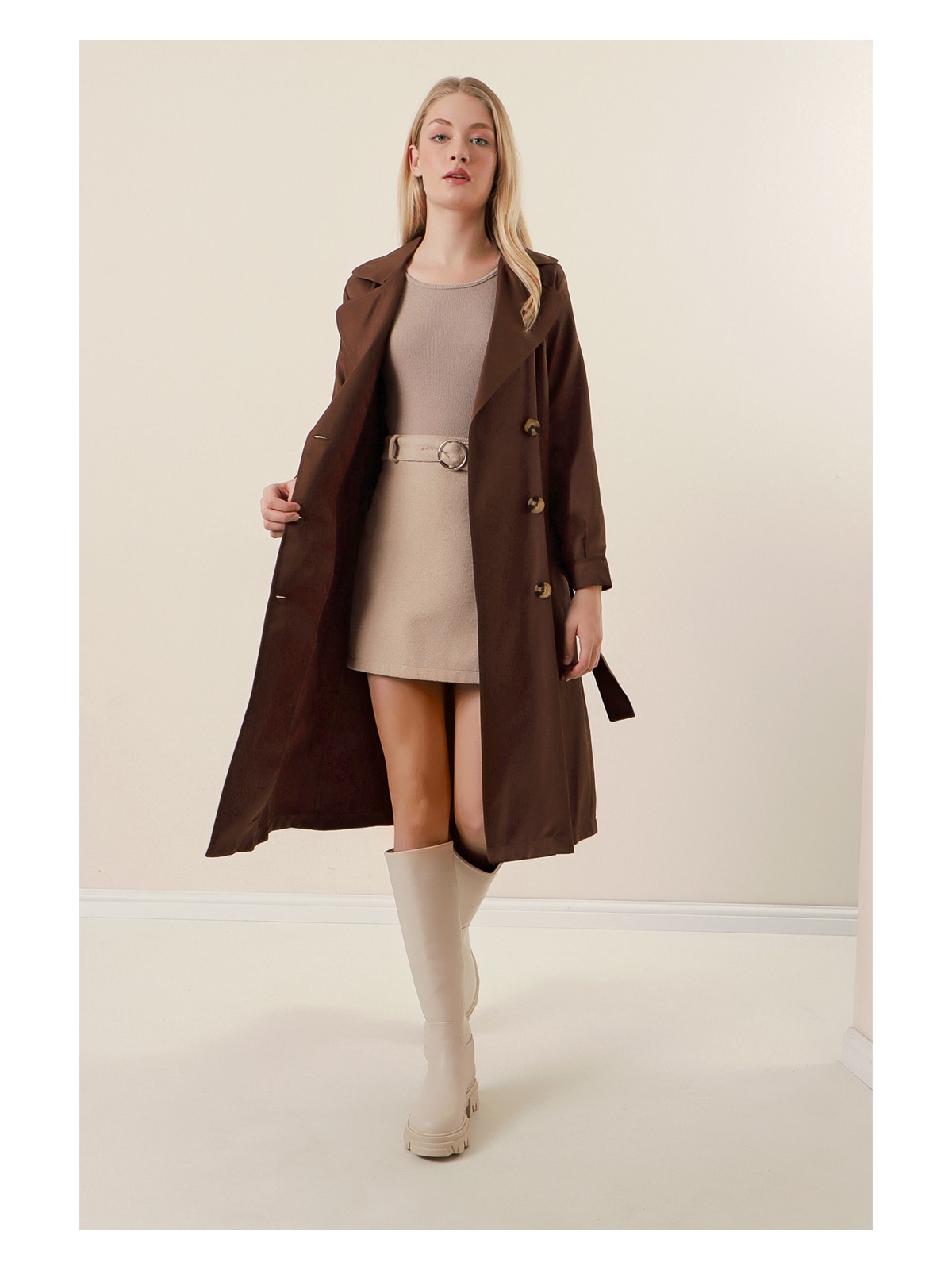 Bigdart 5853 Desenli Kruvaze Yaka Trençkot - C. Bej - Görsel 3