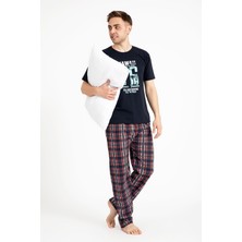 Over Pazar Erkek Baskılı Kısa Kollu Pijama Takımı Ekose Desenli Rahat Tasarım