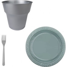 Hayaller Dükkanı 25 Kişilik Pastik Tabak Bardak Çatal Set Gümüş