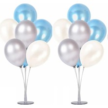 Hayaller Dükkanı  2 Adet 7'li Balon Standı ve 14 Adet Gümüş -Mavi - Beyaz Metalik Balon