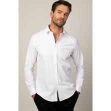 Tudors Slim Fit Uzun Kollu Armürlü Düğme Patı Manşet İçi Biyeli Erkek Beyaz Gömlek