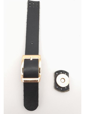 Angel Çanta Aksesuar 18X2 cm Siyah Renk Gerçek Deri Tokalı Çanta Kapağı Light Gold Metalli