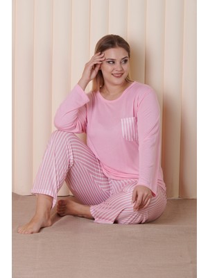 Myben Büyük Beden Pembe Renkli Çizgili Çepli Uzun Kollu Battal Pijama Takımı B-1 2022-PIJAMA