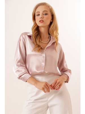 Bigdart 3964 Hafif Dökümlü Saten Gömlek - Pudra