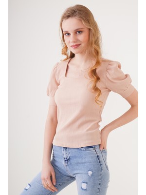 Bigdart 0409 Kare Yaka Örme Bluz - Bisküvi