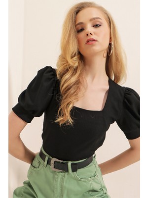 Bigdart 0409 Kare Yaka Örme Bluz - Siyah