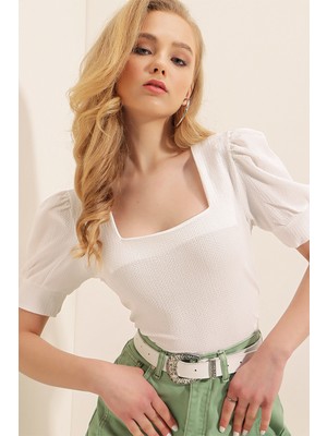 Bigdart Kadın Beyaz Kare Yaka Örme Bluz - Truvakar Kol Günlük Stil Rahat Kullanım