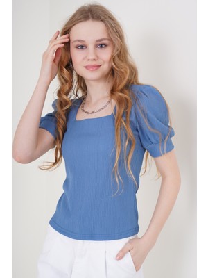 Bigdart 0409 Kare Yaka Örme Bluz - Indigo