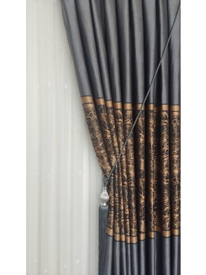 Yuka Pano Fon Perde Açık Gri Altın Sarı Tek Kanat Sık Pileli Jakarlı Parlak DESENLI80 x 260
