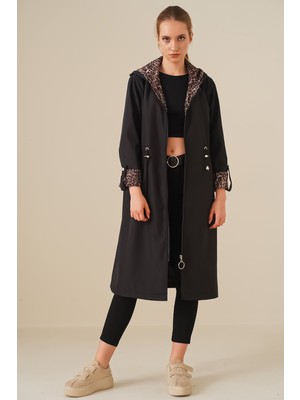 Bigdart Beli Büzgülü Kapşonlu Trençkot Kadın Siyah %100 Polyester Rahat Model