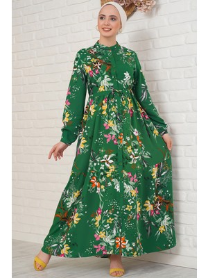 Bigdart 2144 Hakim Yaka Tesettür Elbise - Zümrüt Yeşili