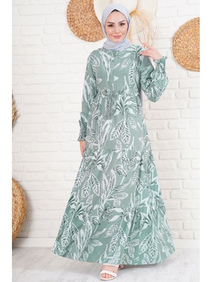 Bigdart 2145 Desenli Tesettür Elbise - Haki