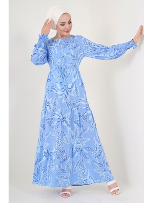Bigdart 2145 Desenli Tesettür Elbise - Mavi