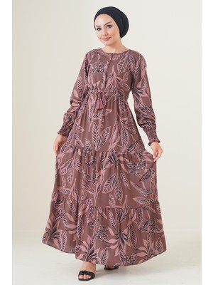 Bigdart 2145 Desenli Tesettür Elbise - Kahverengi