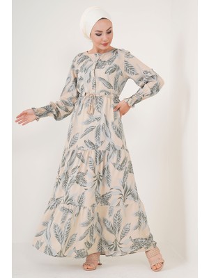 Bigdart 2145 Desenli Tesettür Elbise - Bej