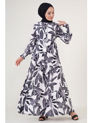 Bigdart 2145 Desenli Tesettür Elbise - Beyaz