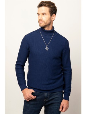 Tudors Erkek Slim Fit Balıkçı Yaka Desenli Sax Mavi Triko Kazak
