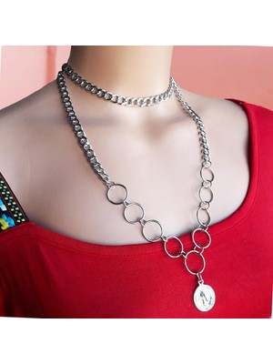 BijuStore Çelik Zincir Kadın Ikili Choker & Uzun Kolye