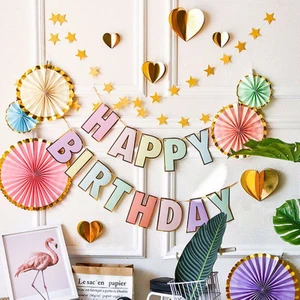 Parti Station Altın Yaldızlı Makaron Renkler Happy Birthday Yazı Süs Banner Pastel Renk Flama
