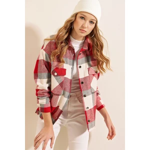 3854 Ekose Desen Çift Cepli Gömlek - Nar