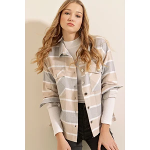 3854 Ekose Desen Çift Cepli Gömlek - Vizon