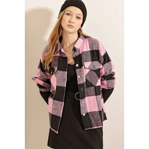 3854 Ekose Desen Çift Cepli Gömlek - Koyu Pembe