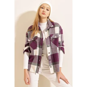 3854 Ekose Desen Çift Cepli Gömlek - Mor