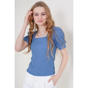 0409 Kare Yaka Örme Bluz - Indigo