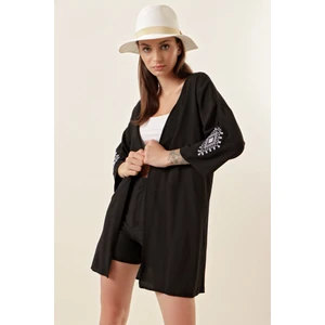 5869 Nakışlı Kimono - Siyah
