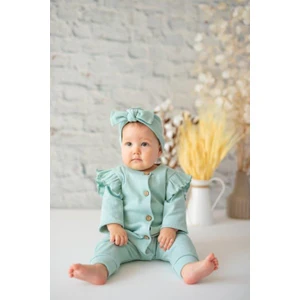Gots Sertifikalı %100 Organik Pamuk Kolları Fırfırlı Tulum ve Bandana Takım (0-24AY)