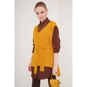 15760 Kuşaklı Triko Süveter - Hardal