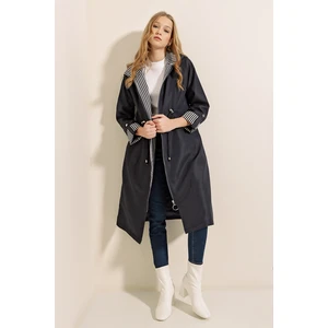 9091 Beli Büzgülü Kapşonlu Trençkot - Lacivert