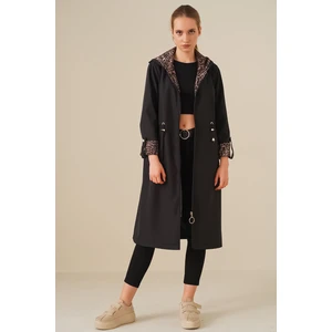 9091 Beli Büzgülü Kapşonlu Trençkot - Siyah