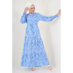 2145 Desenli Tesettür Elbise - Mavi