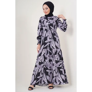 2145 Desenli Tesettür Elbise - D.siyah