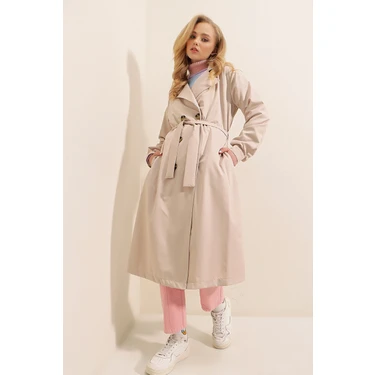 Bigdart Kadın Bej Renk Kruvaze Yaka Trençkot %100 Polyester Rahat