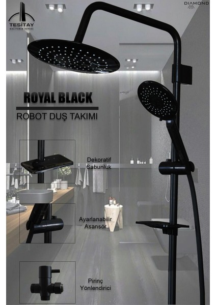 Royal Robot Duş Seti Mat Siyah Duş Takımı El Tepe Duşu Spiral Robot Duş Takımı Yağmurlama Tepe Duş