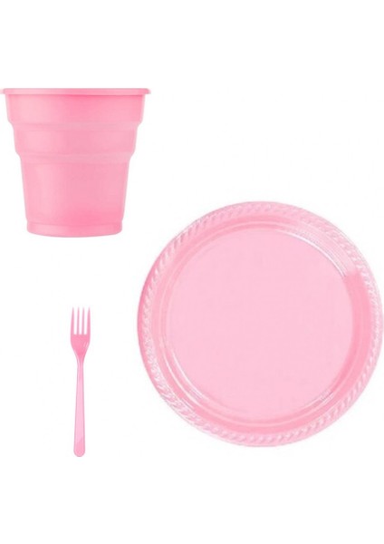 25 Kişilik Pastik Tabak Bardak Çatal Set Pembe