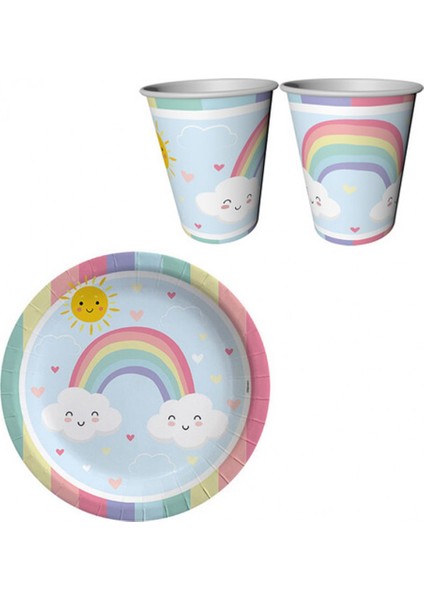 8 Kişilik Karton Tabak Bardak Gokkuşağı Bulut Konsept Set