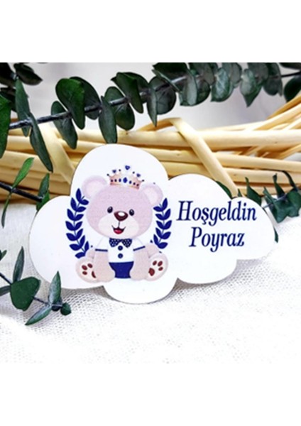 25 Adet Çelenkli Ayıcık Baskılı Bulut Ahşap Magnet Lik Bebek Şekeri