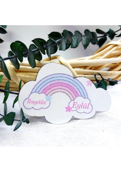 25 Adet Gökkuşağı Baskılı Bulut Ahşap Magnet Lik Bebek Şekeri