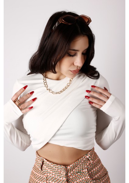Kadın Önü Çapraz Detaylı Crop Bluz