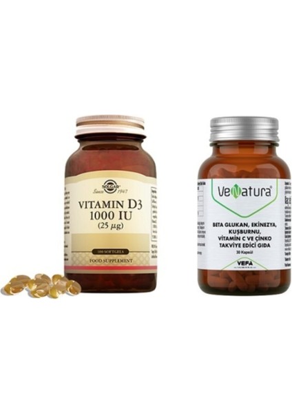 Vitamin D3 1000 Iu 100 Kapsül + Venatura Beta Glukan Vitamin C ve Çinko 30 Kapsül