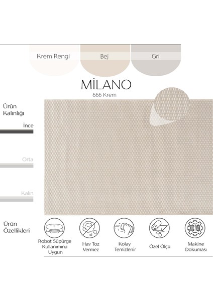 Milano 666 Krem Hasır Dokulu Halı Kilim Salon Mutfak Koridor Kesme Yolluk Dokuma Makine Halısı