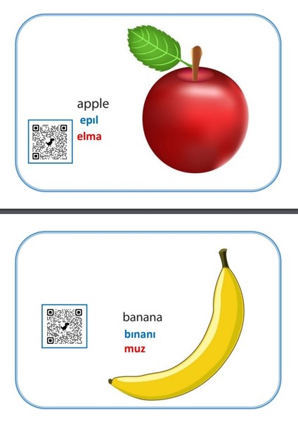 Enine Boyuna Eğitim İngilizce Meyve-Sebze-Yiyecek-Içecek Ezber Kartları