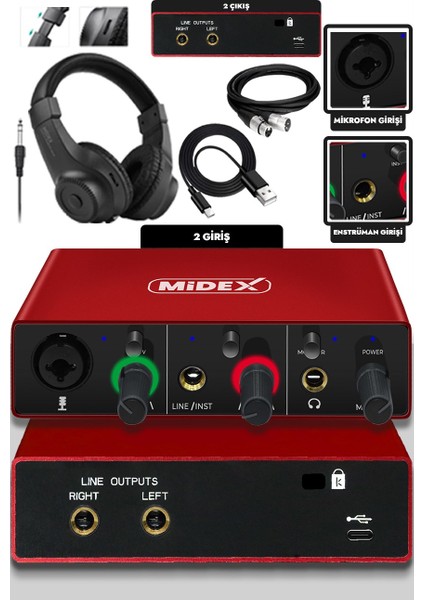 GLX-500 PRO-HD 2 Giriş 2 Çıkış USB Stüdyo Ses Kartı Kulaklık ve XLR Kablo